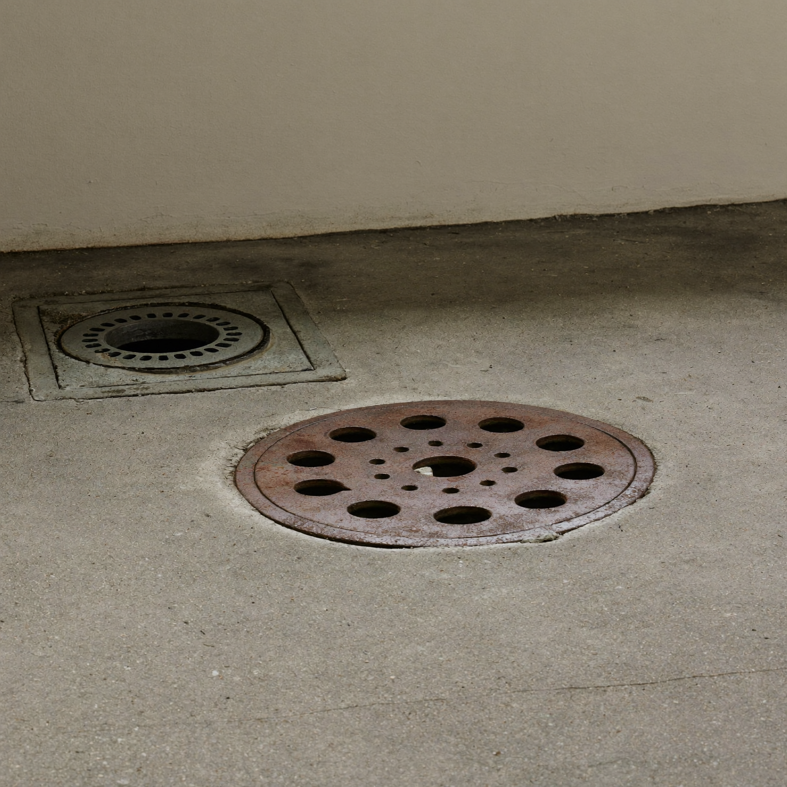 Basement floor drain and sewer cleanout in a mid-century Lakewood home.
