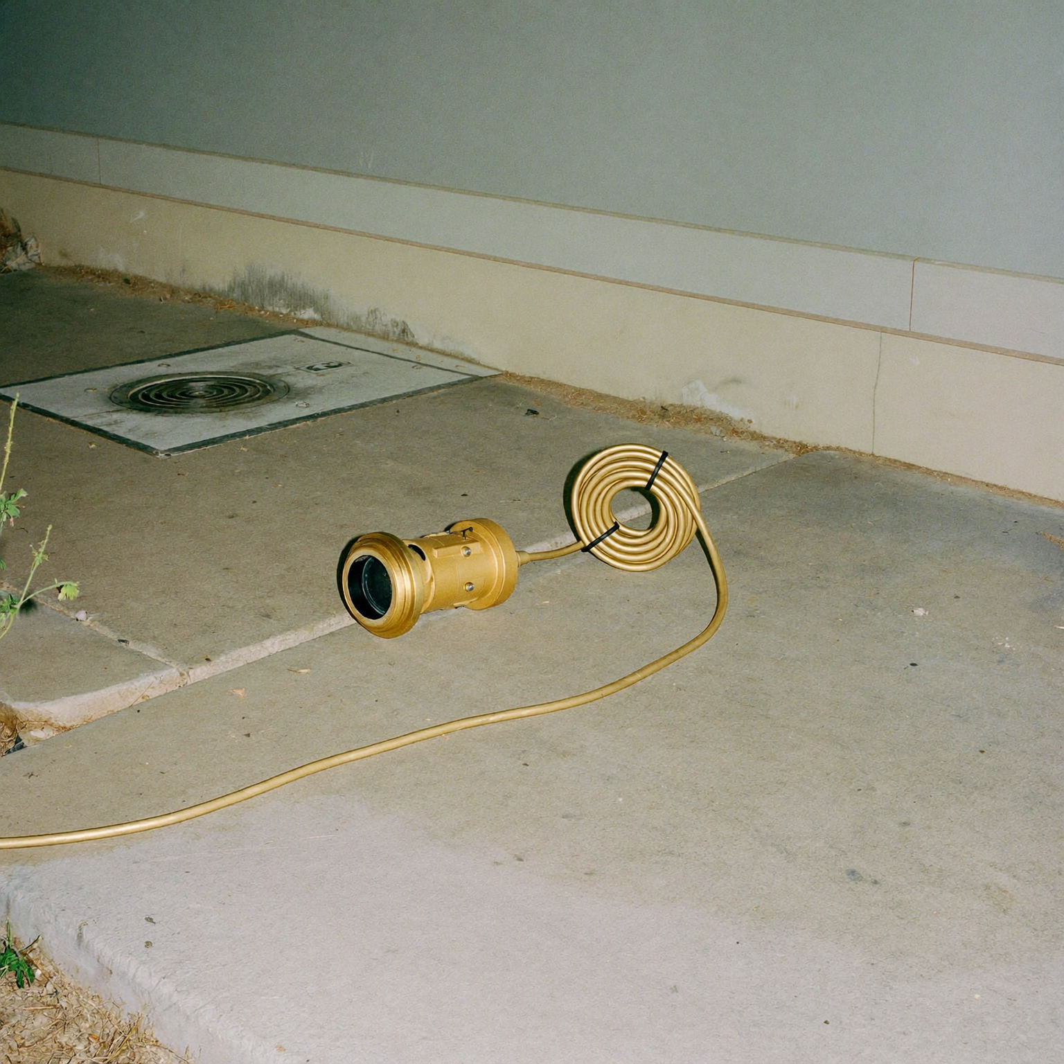 Drain inspection camera and cable beside an open exterior cleanout at a Brighton home.