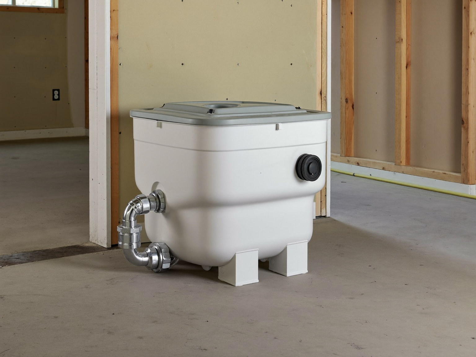 Sump pump basin and discharge piping installed in an Erie, Colorado basement utility room.
