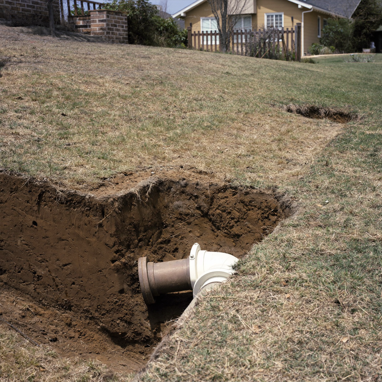 Exposed clay sewer lateral connected to new PVC pipe in the side yard of an Aurora home.