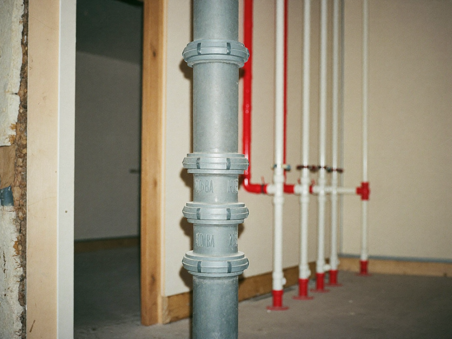 Exposed gray polybutylene supply pipe and fittings in a Northglenn home utility room.