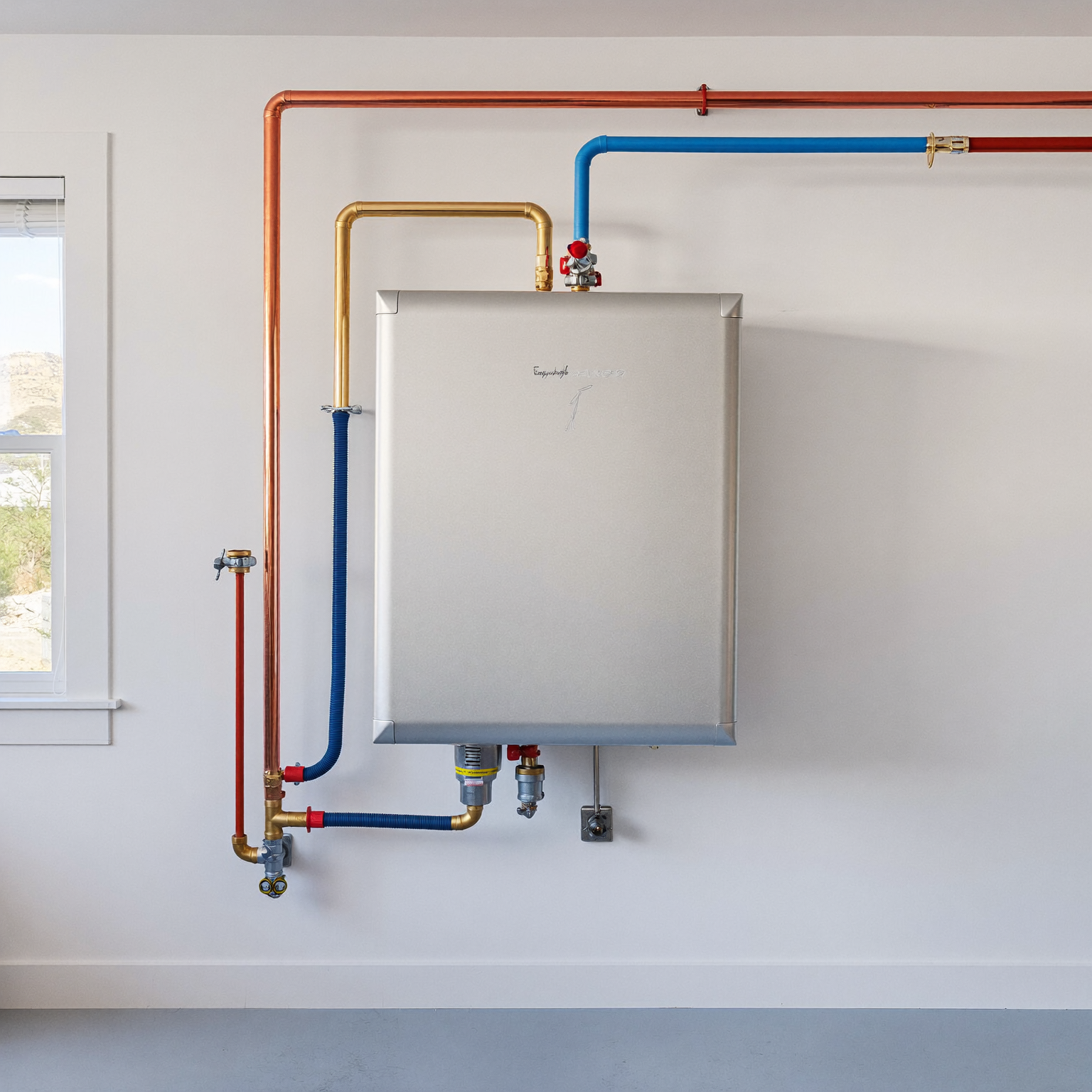 Wall-mounted tankless water heater and connected plumbing in a Golden, Colorado home utility room.