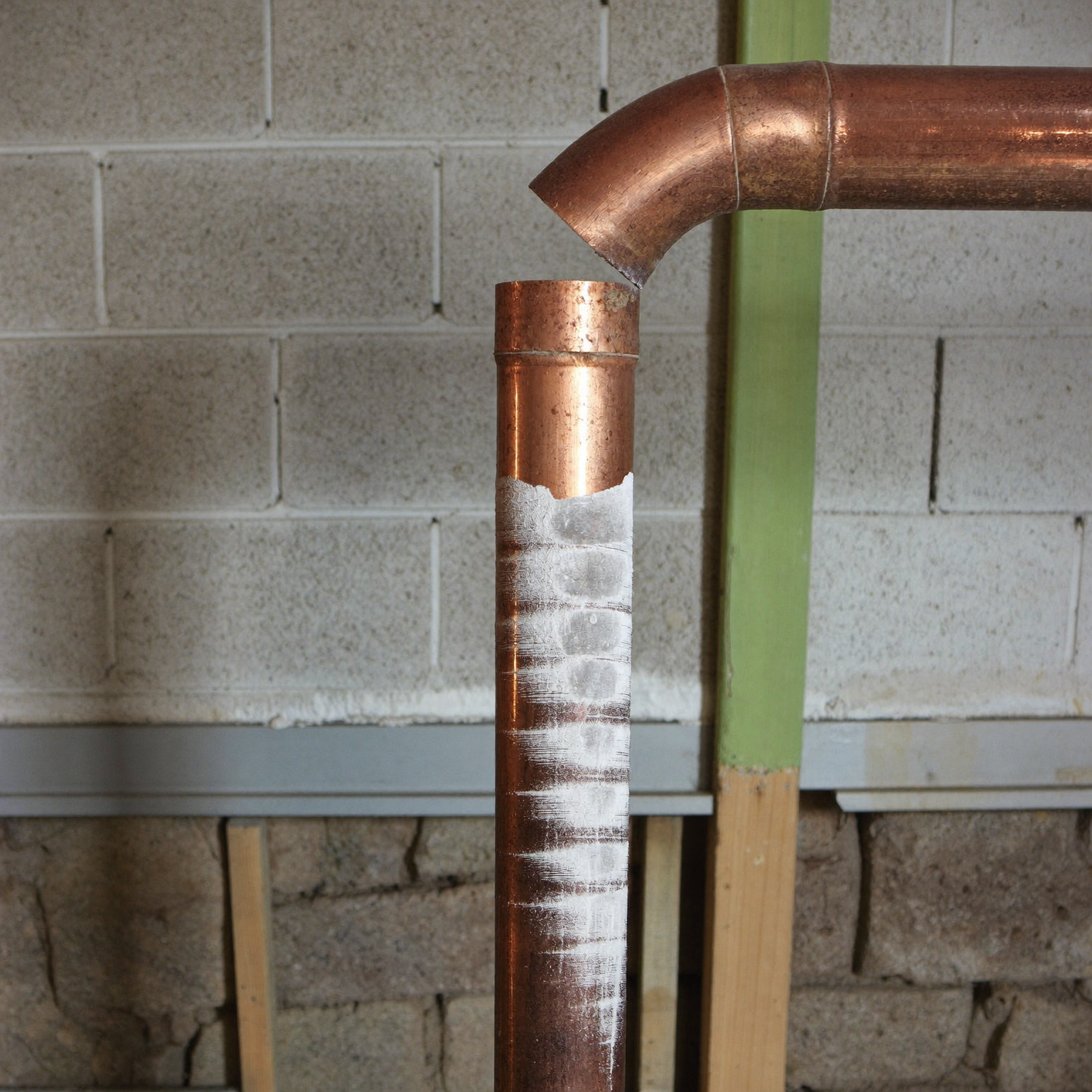 Frost surrounding a split copper water pipe in a Thornton home basement.