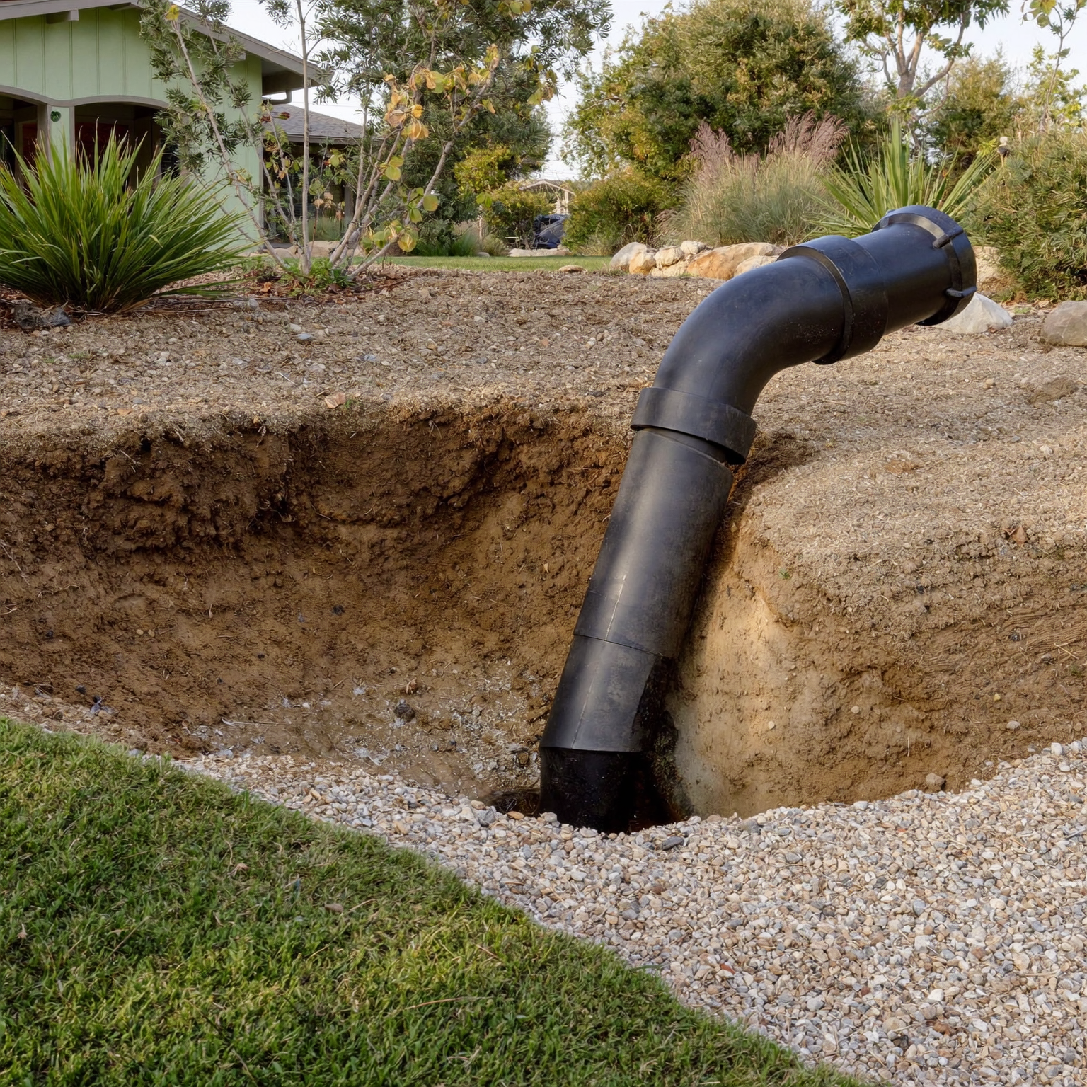 New sewer pipe entering a small trenchless replacement access pit in the landscaped yard of a Highlands Ranch home.