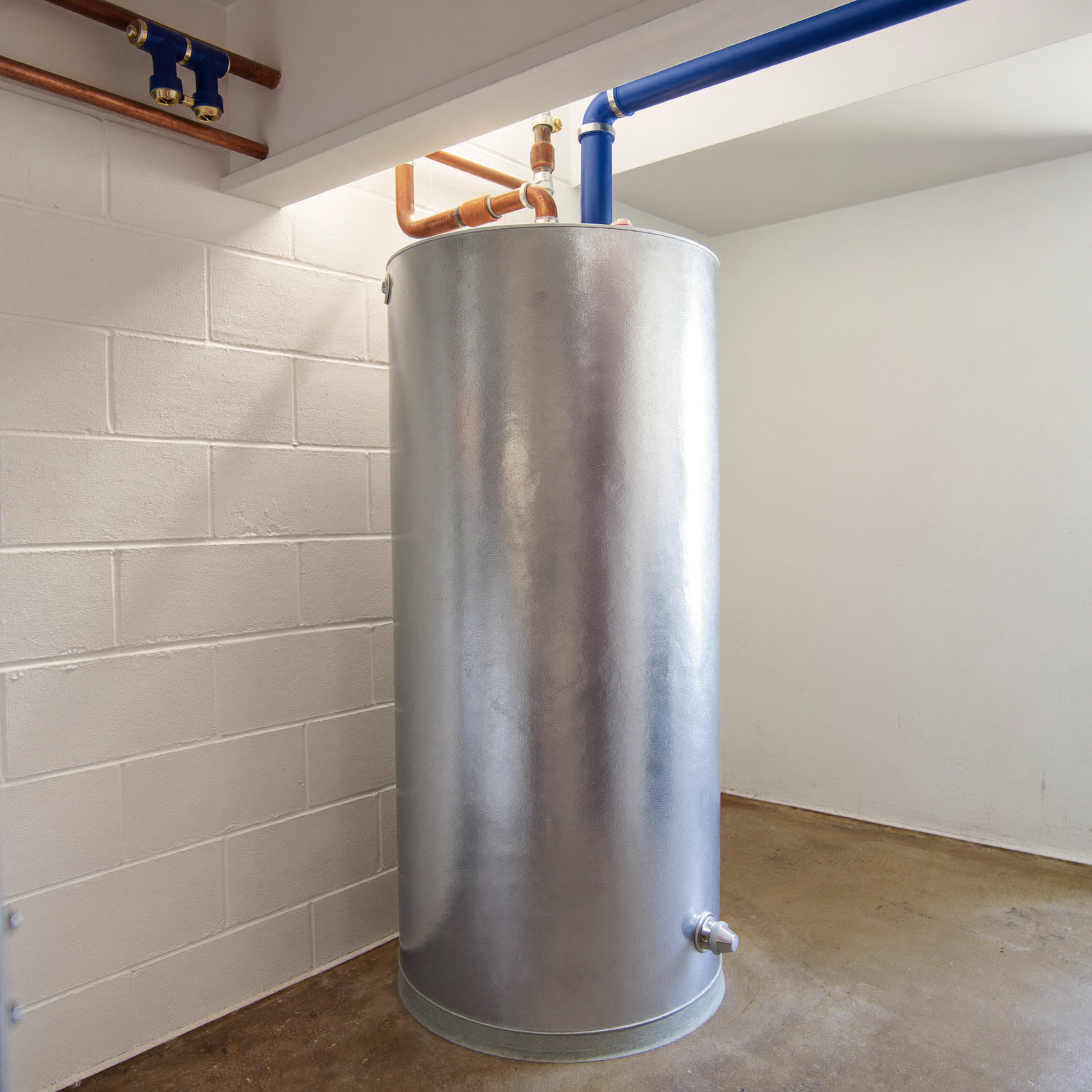 New tank water heater installed beside copper plumbing in a Westminster basement utility room.