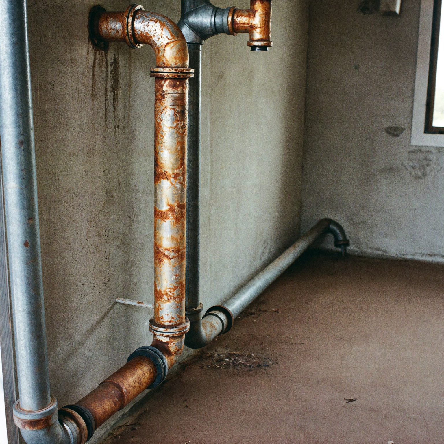 Exposed cast iron drain and galvanized water pipes in the basement of an older Wheat Ridge home.