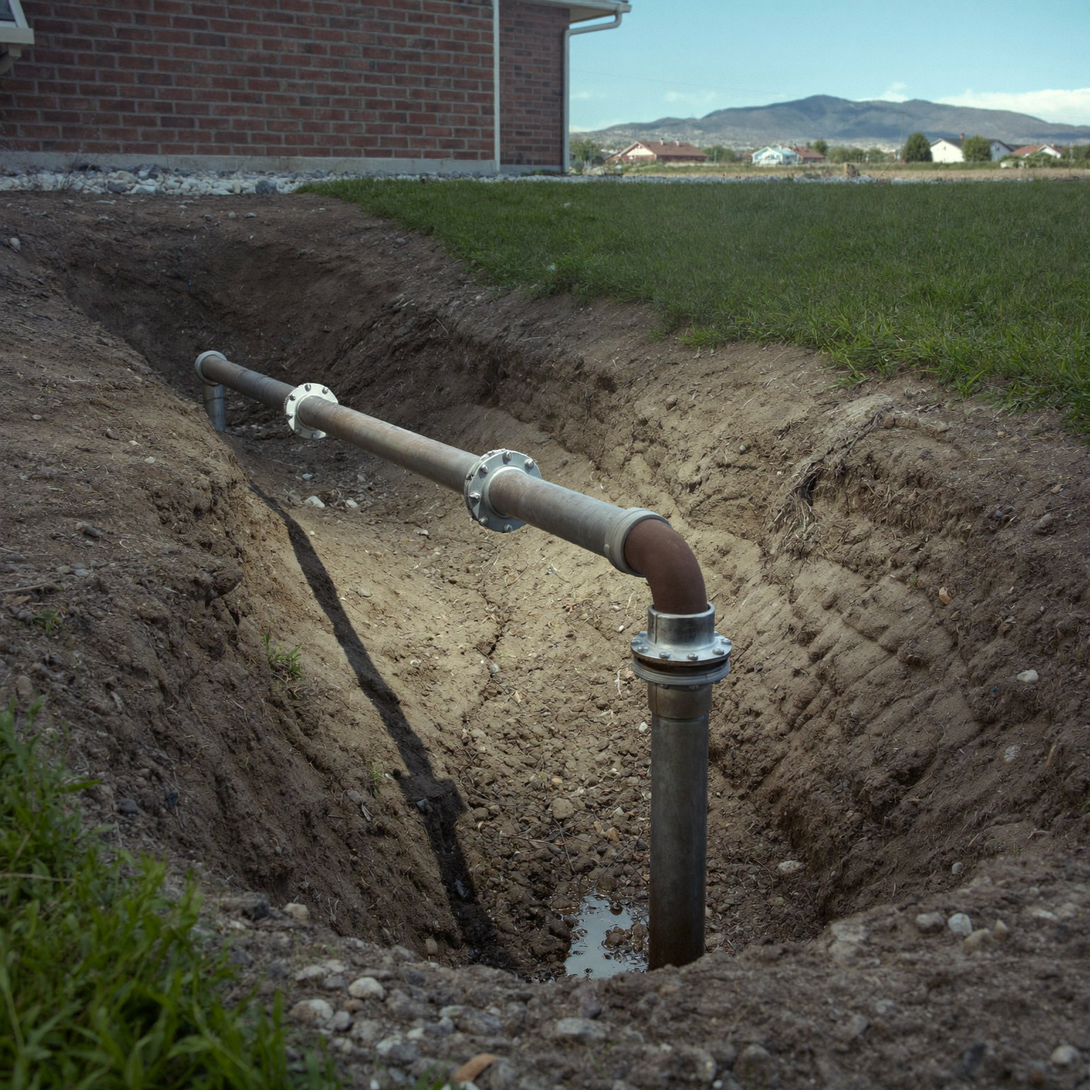 Exposed residential water service line in a front-yard trench at a Centennial, Colorado home.