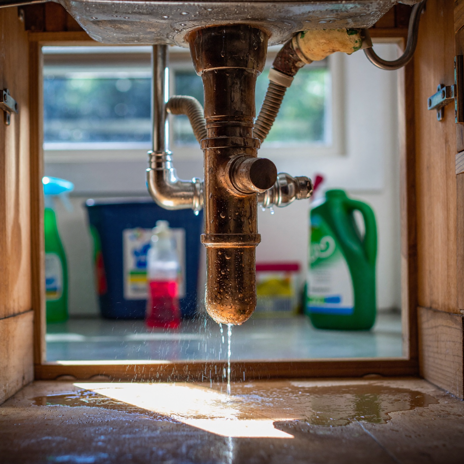Water dripping from a copper supply pipe beneath a kitchen sink in a Denver metro home.