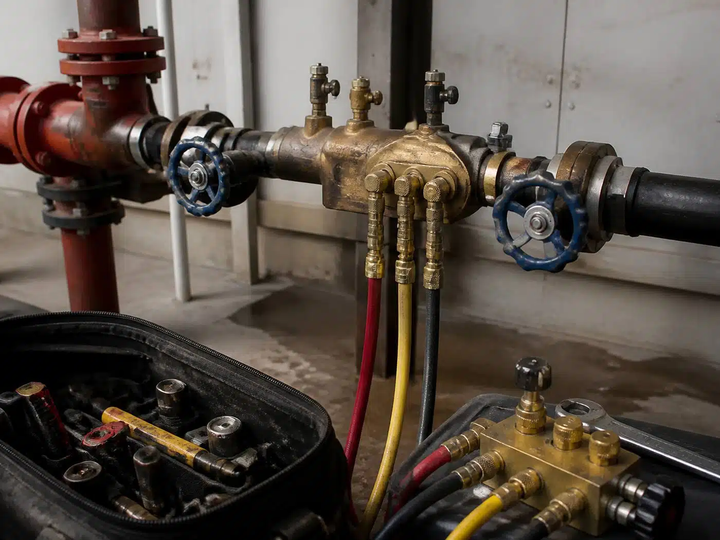 Wider view of the work area, backflow preventer assembly and brass test kit on a water line in a Denver mechanical room