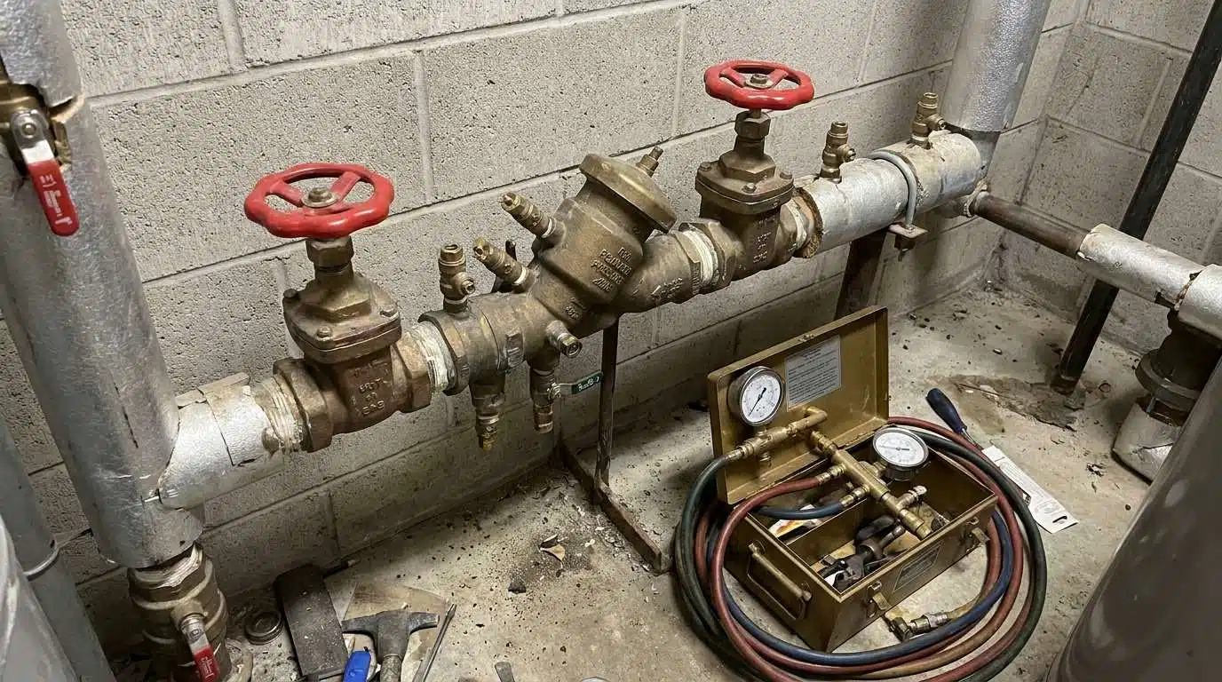 Backflow preventer assembly and brass test kit on a water line in a Denver mechanical room