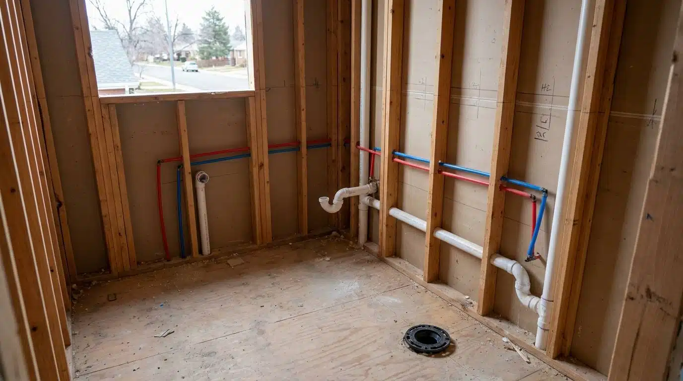Bathroom remodel plumbing rough-in with PEX supply lines and PVC drain stubs in a Denver home