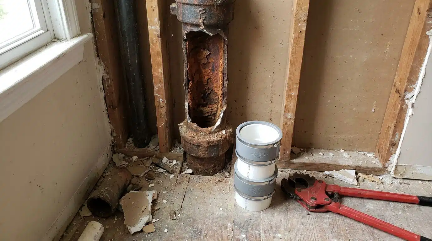 Scaled cast iron soil stack cut away with new PVC sections staged in a Denver home
