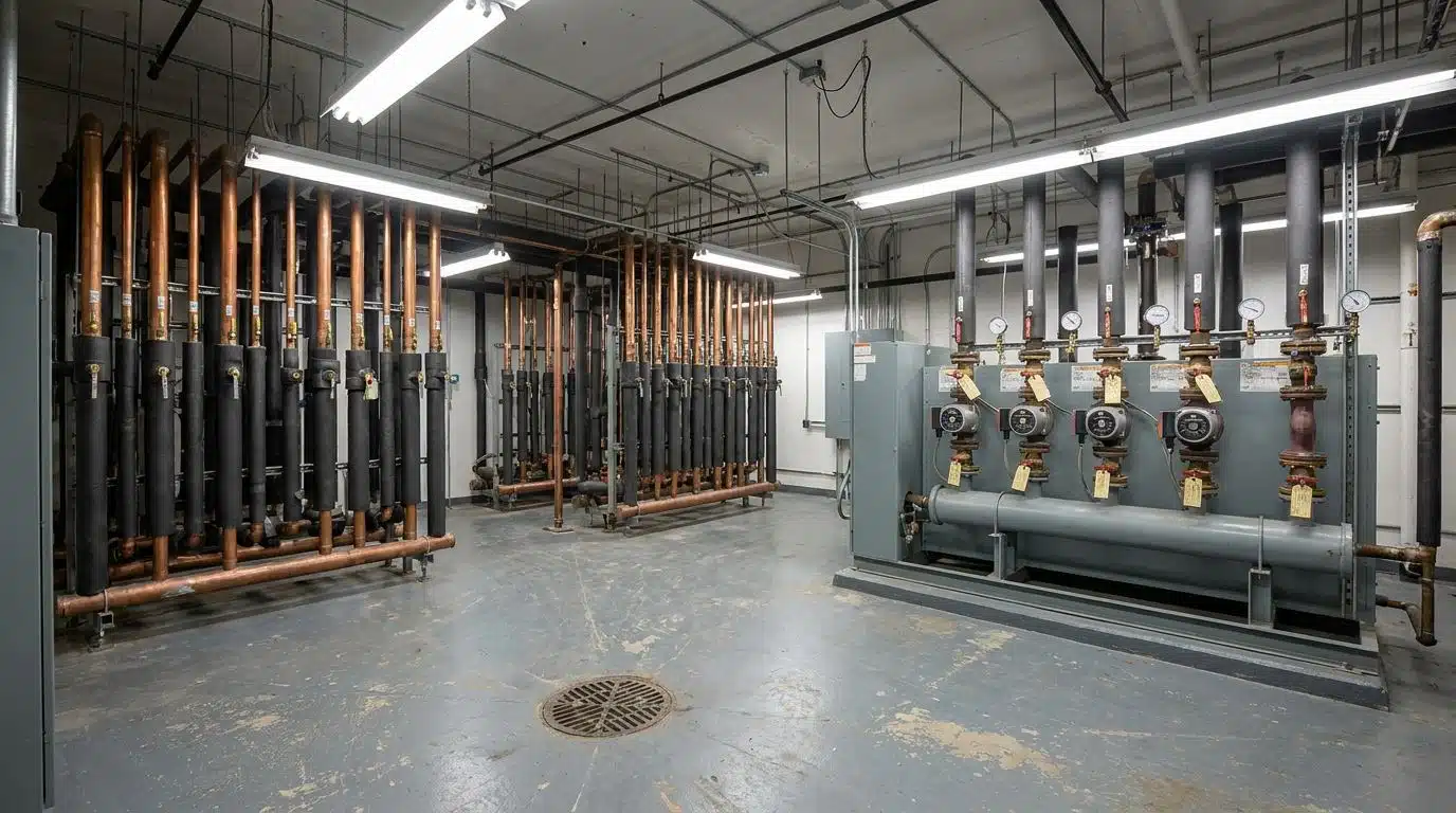 Commercial plumbing mechanical room with insulated risers and isolation valves in Denver