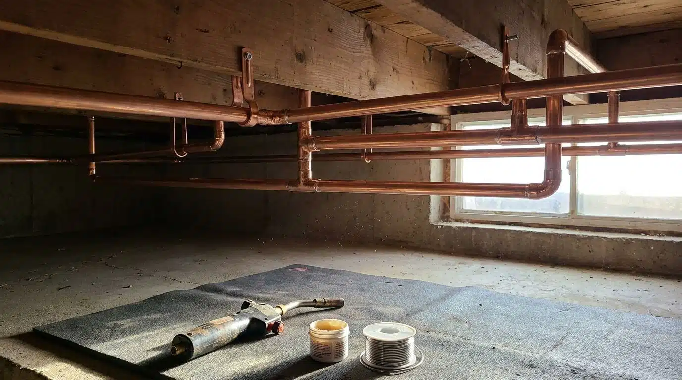 New copper water lines with soldered elbows running along joists in a Denver basement