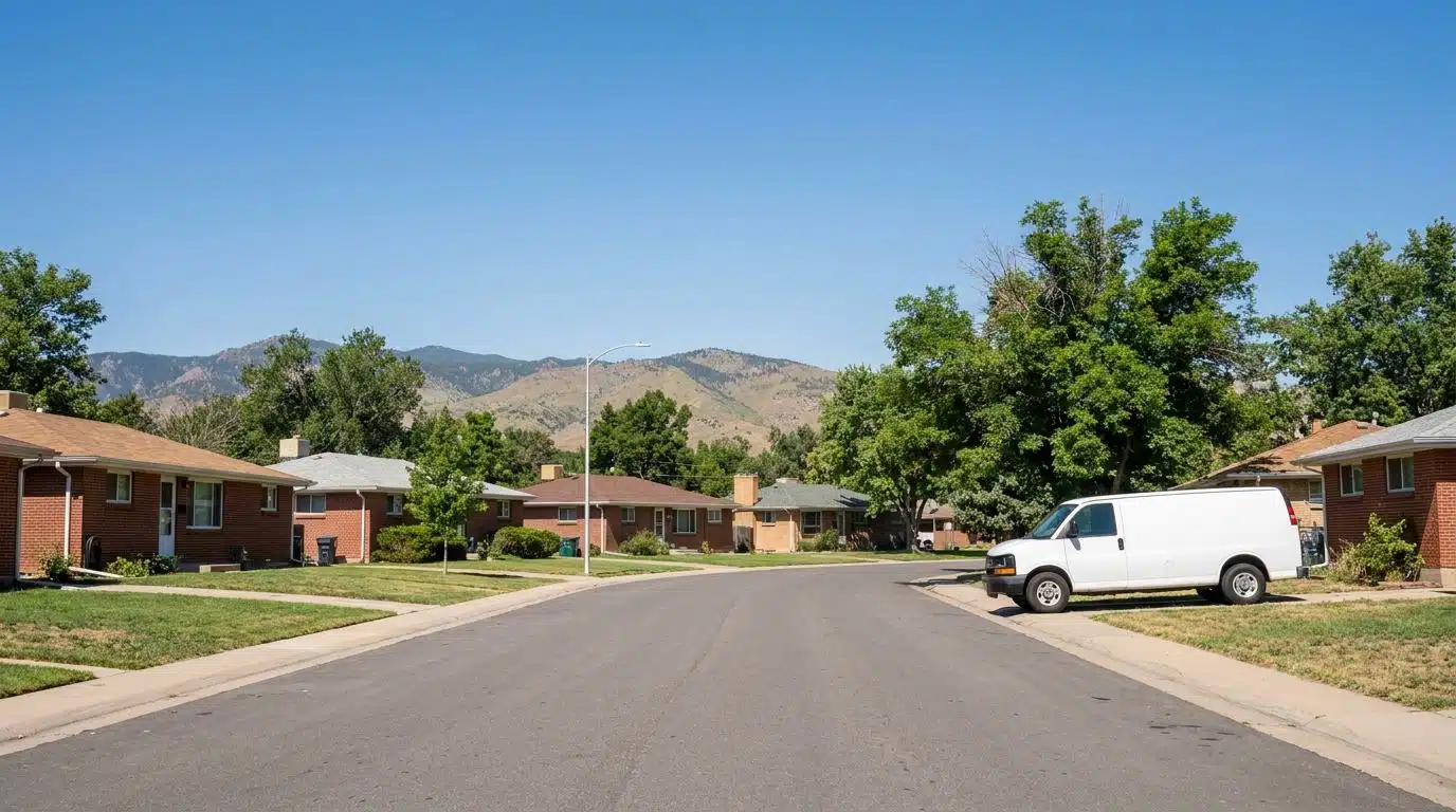 Denver residential street of brick ranch homes with the Rocky Mountain foothills behind
