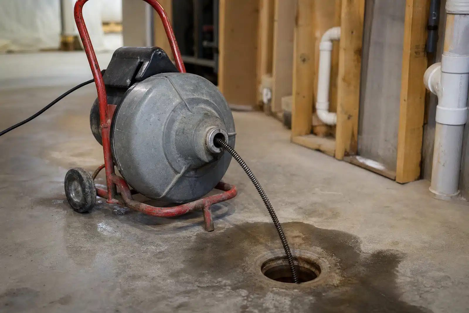 A drum-style drain cleaning machine set up next to a floor drain in an unfinished Denver basement, its steel cable fed down into the drain.