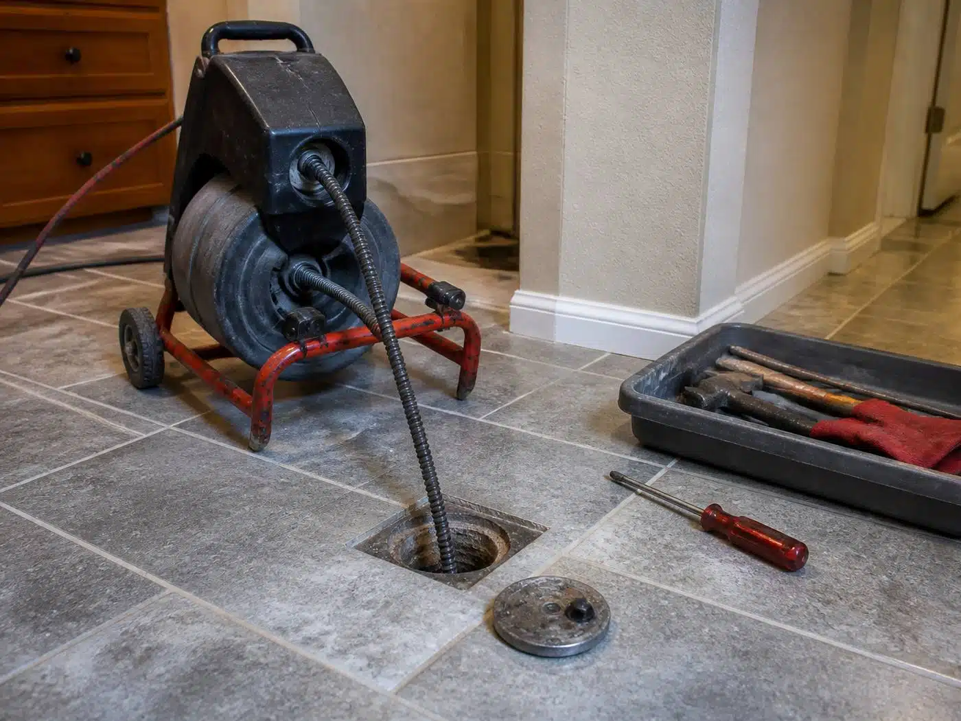 Wider view of the work area, drain cleaning equipment laid out beside an open floor cleanout in a Denver home
