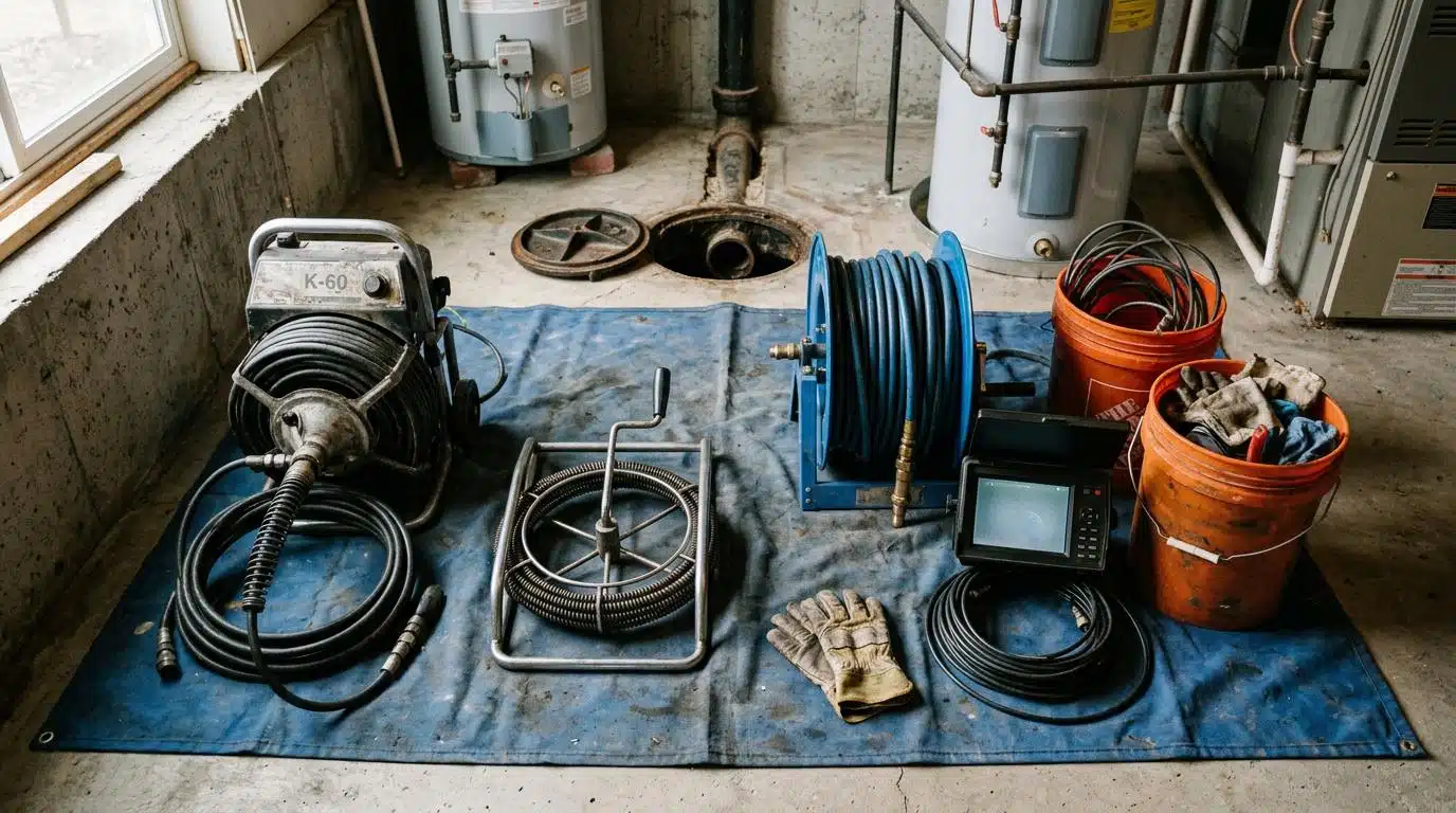 Drain cleaning equipment laid out beside an open floor cleanout in a Denver home