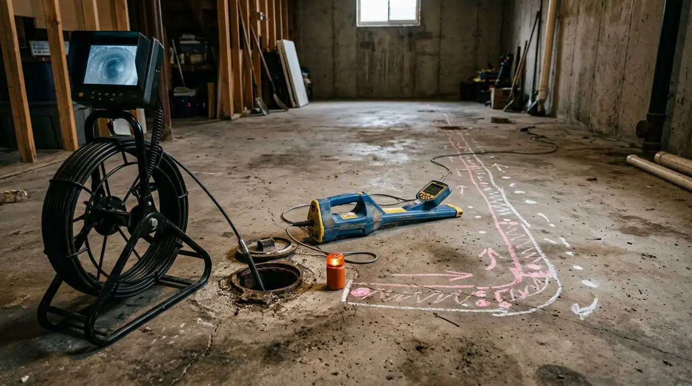 Electronic pipe locator and chalk marks tracing a buried drain line under a Denver basement slab