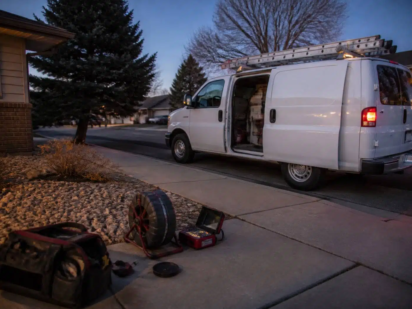 Wider view of the work area, plumbing service van parked on a Denver street during an overnight 24 hour call