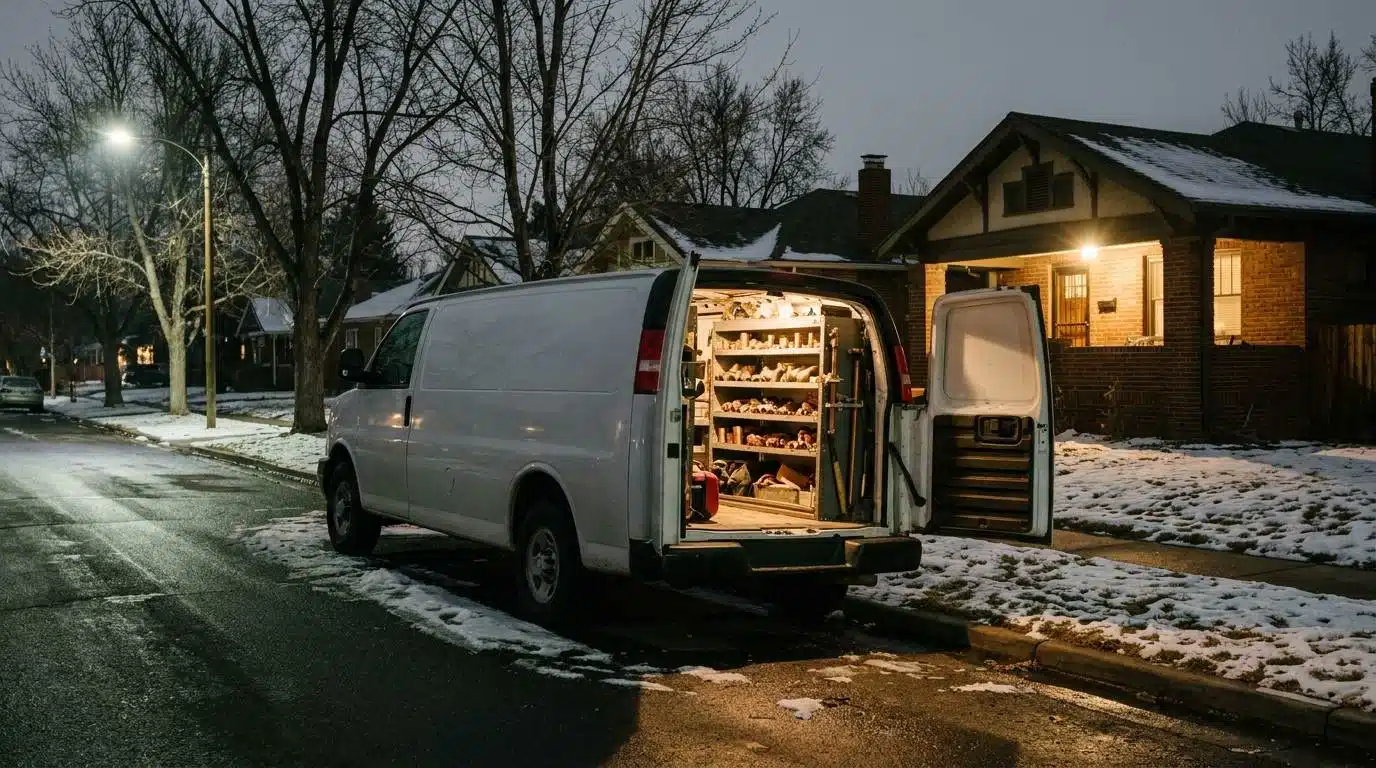 Plumbing service van parked on a Denver street during an overnight 24 hour call