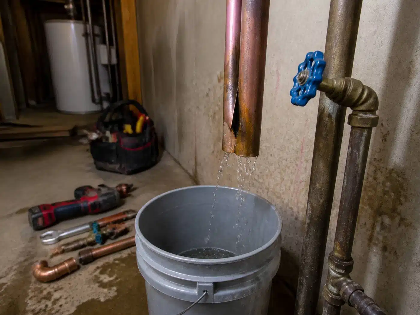 Wider view of the work area, burst copper pipe being repaired in a Denver, Colorado home