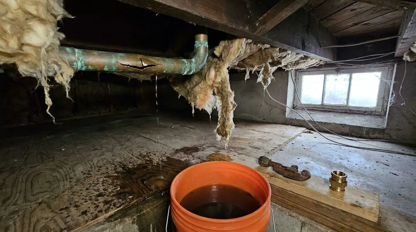 Burst copper pipe being repaired in a Denver, Colorado home