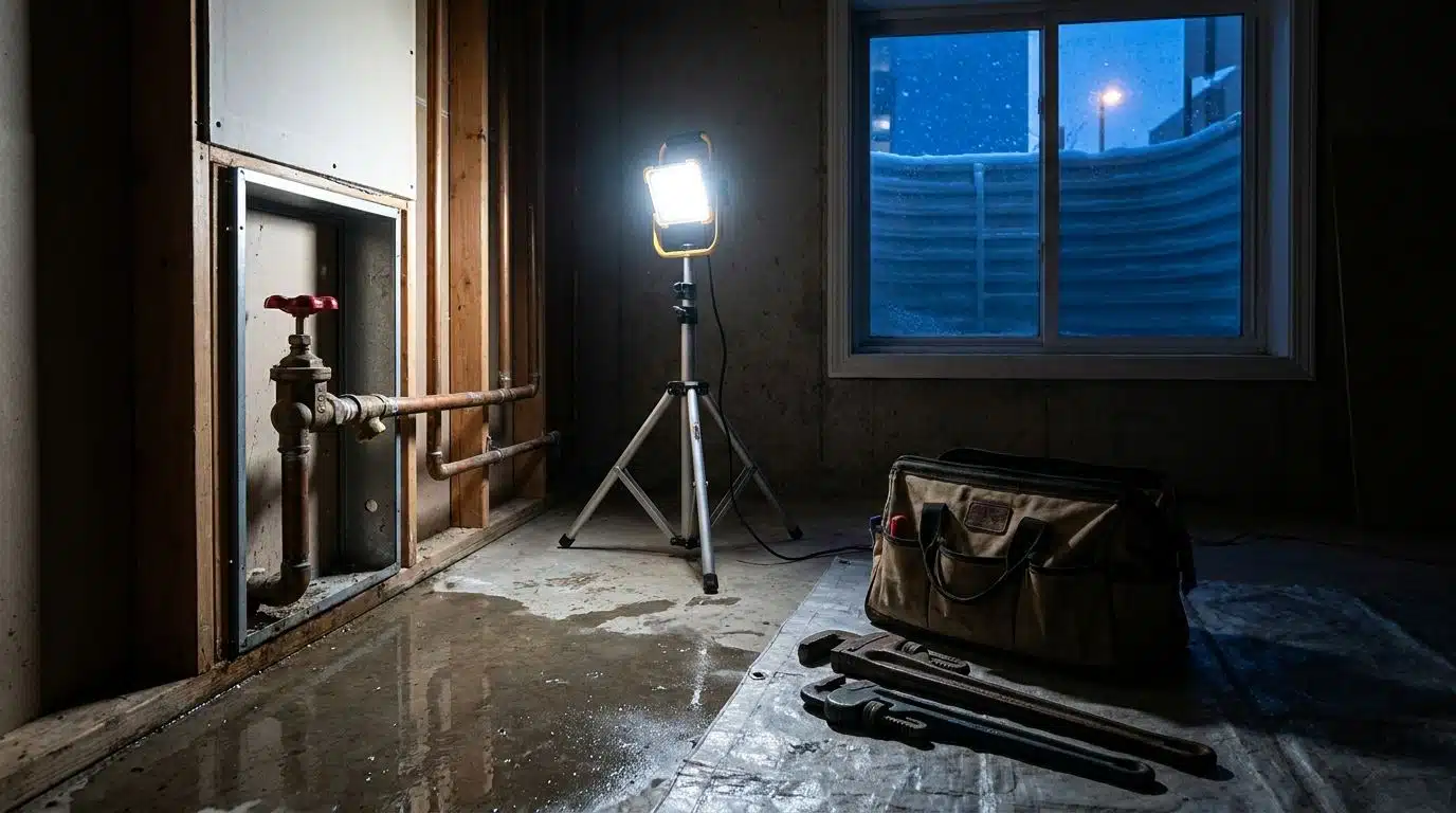 Licensed plumber working an emergency call by work light in a Denver basement