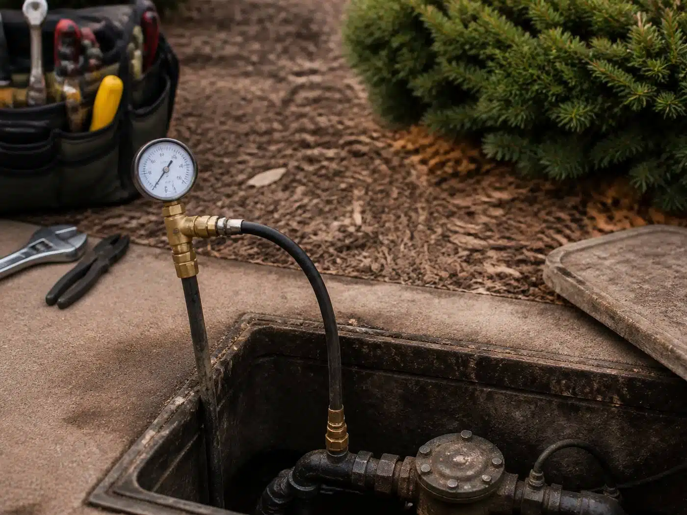 Wider view of the work area, opened curb water meter pit and pressure gauge during a no water call in Denver