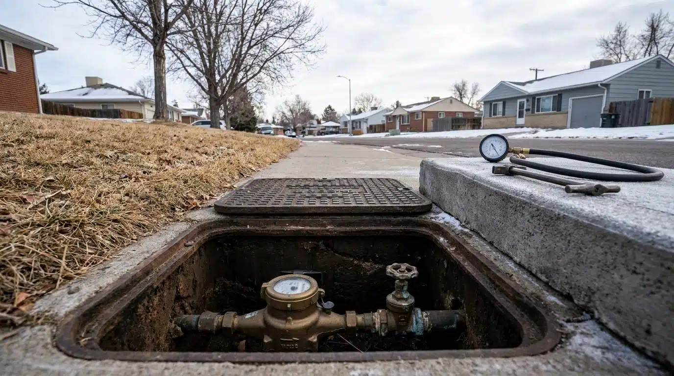 Opened curb water meter pit and pressure gauge during a no water call in Denver