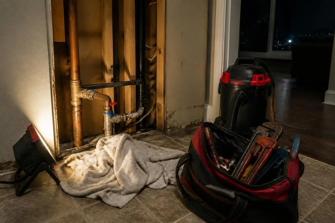 After hours emergency plumbing setup in a Denver home with work light, wet vacuum, and pipe wrenches staged at a shut-off valve