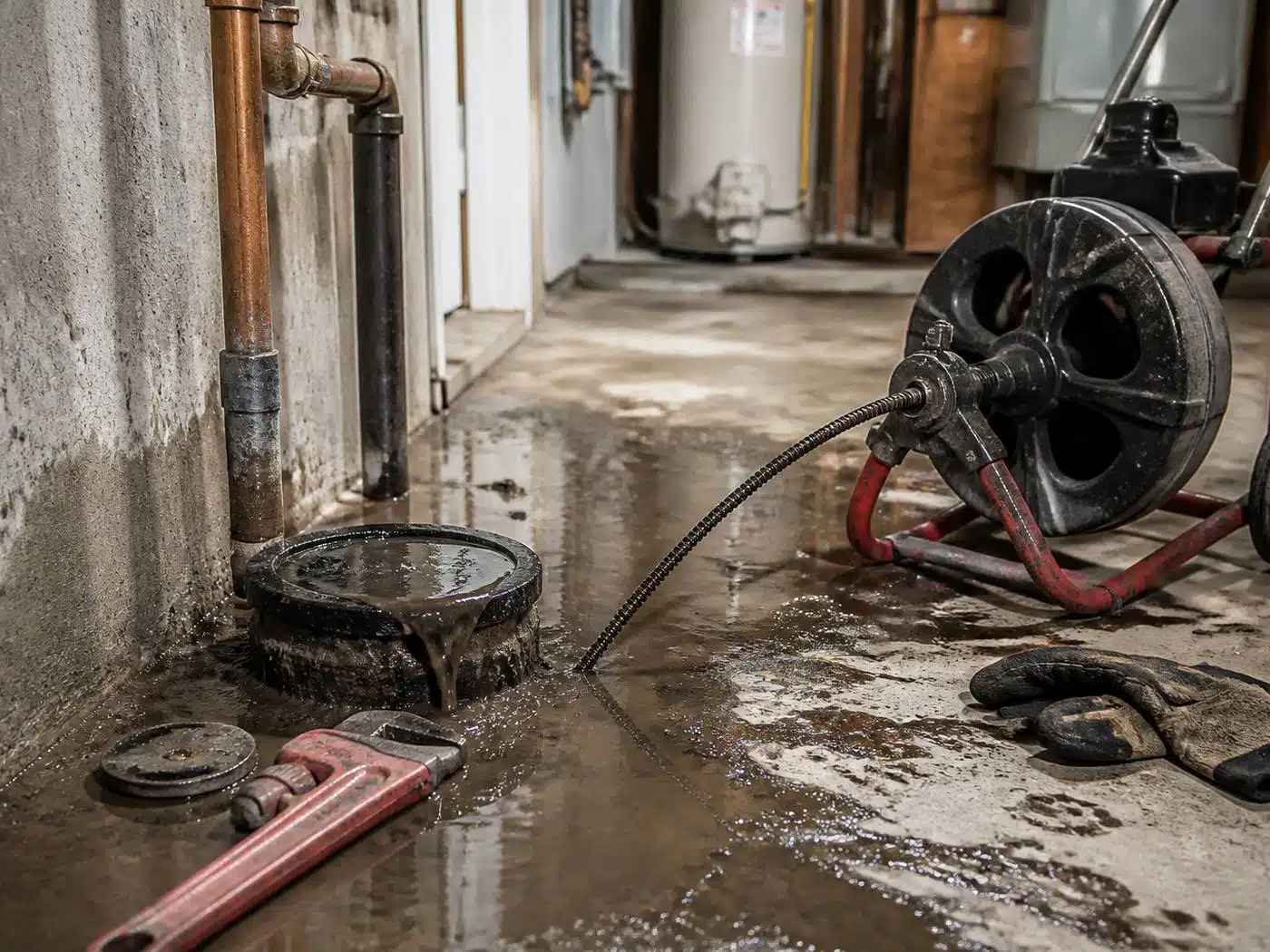 Wider view of the work area, emergency rooter service at an overflowing main line cleanout in a Denver basement