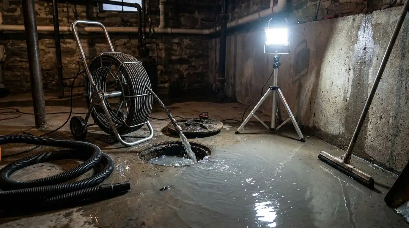 Emergency rooter service at an overflowing main line cleanout in a Denver basement