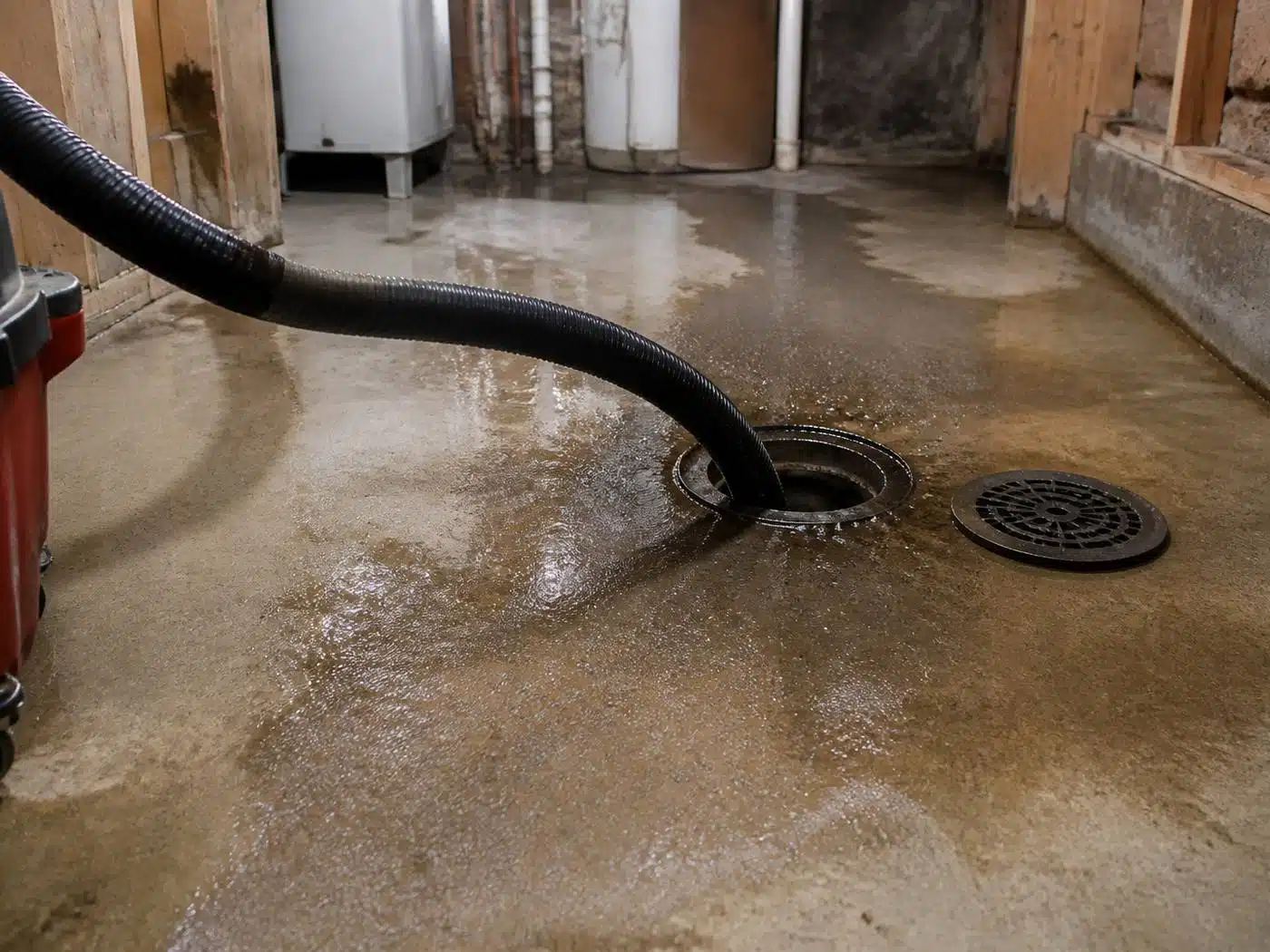 Wider view of the work area, sewage backup cleanup underway around a basement floor drain in Denver