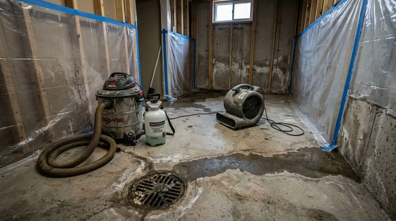 Sewage backup cleanup underway around a basement floor drain in Denver