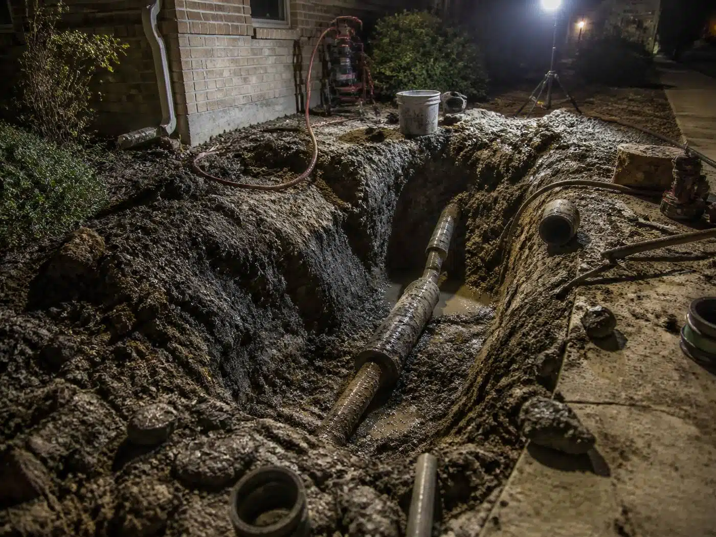 Wider view of the work area, night emergency sewer line repair under floodlights in a Denver front yard