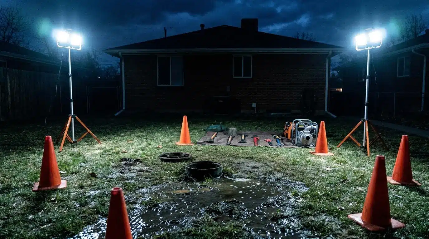 Night emergency sewer line repair under floodlights in a Denver front yard