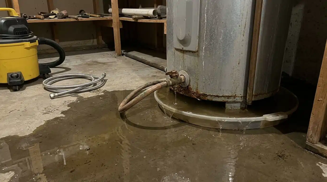 Failed water heater leaking in a Denver metro basement
