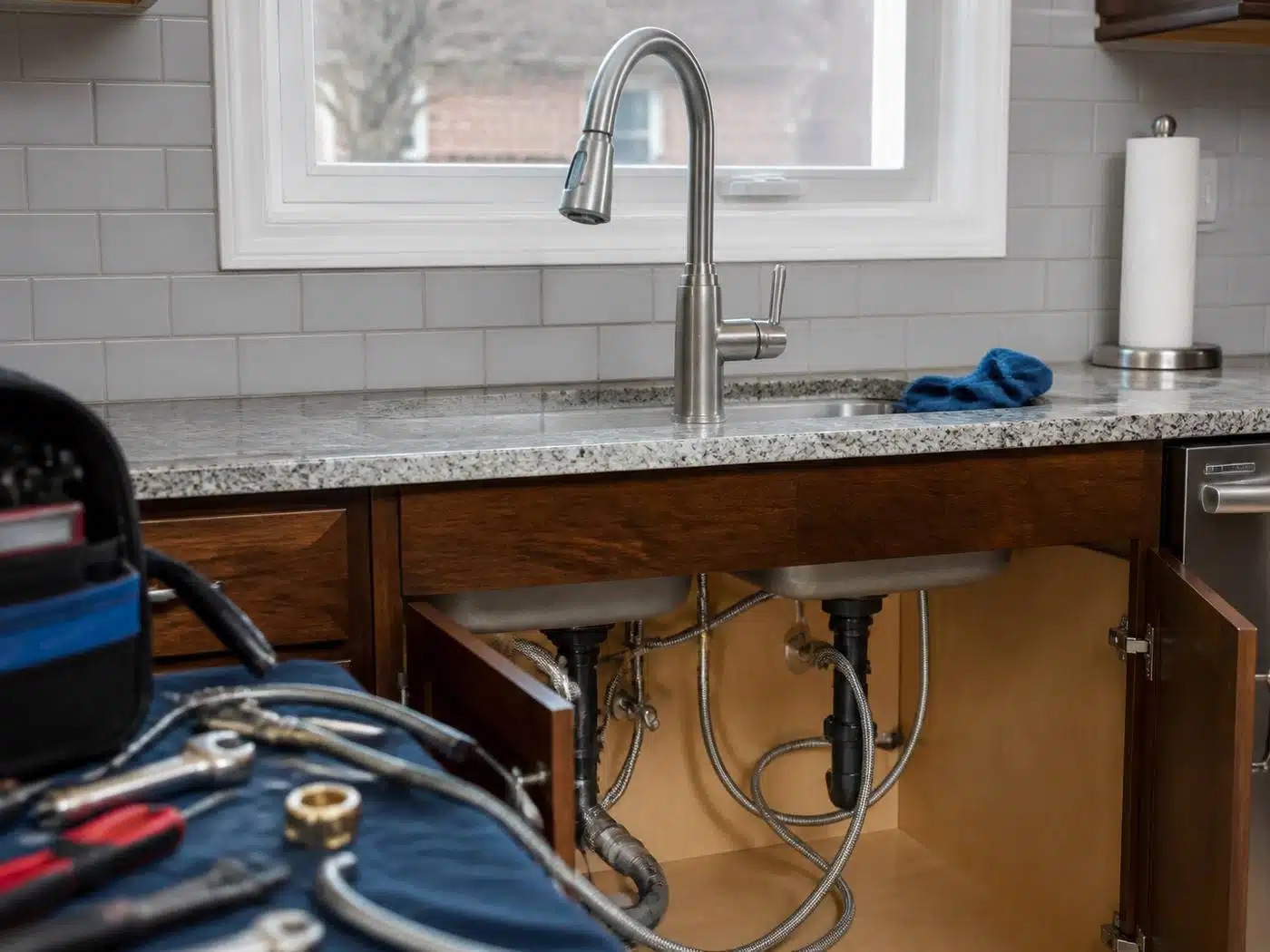 Wider view of the work area, new pull-down kitchen faucet installed with braided supply lines in a Denver home