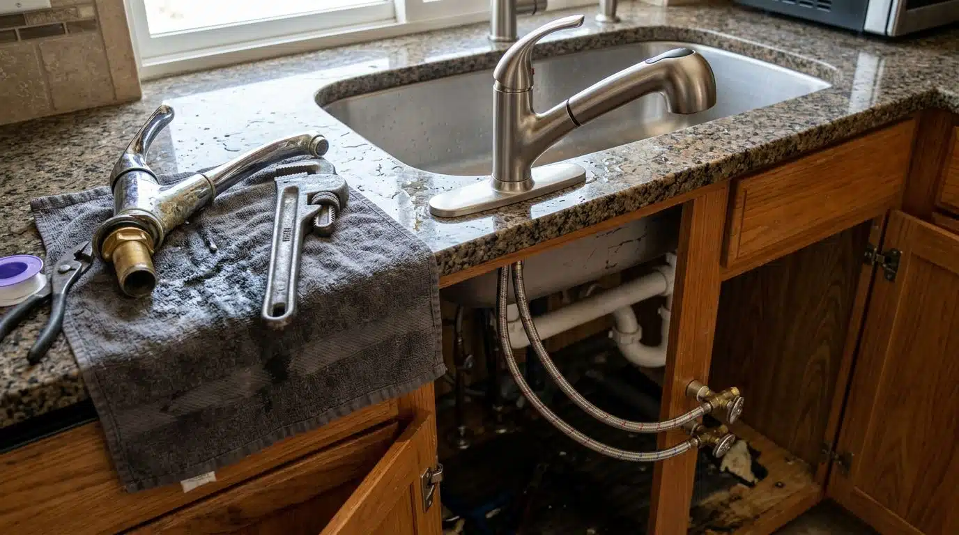 New pull-down kitchen faucet installed with braided supply lines in a Denver home