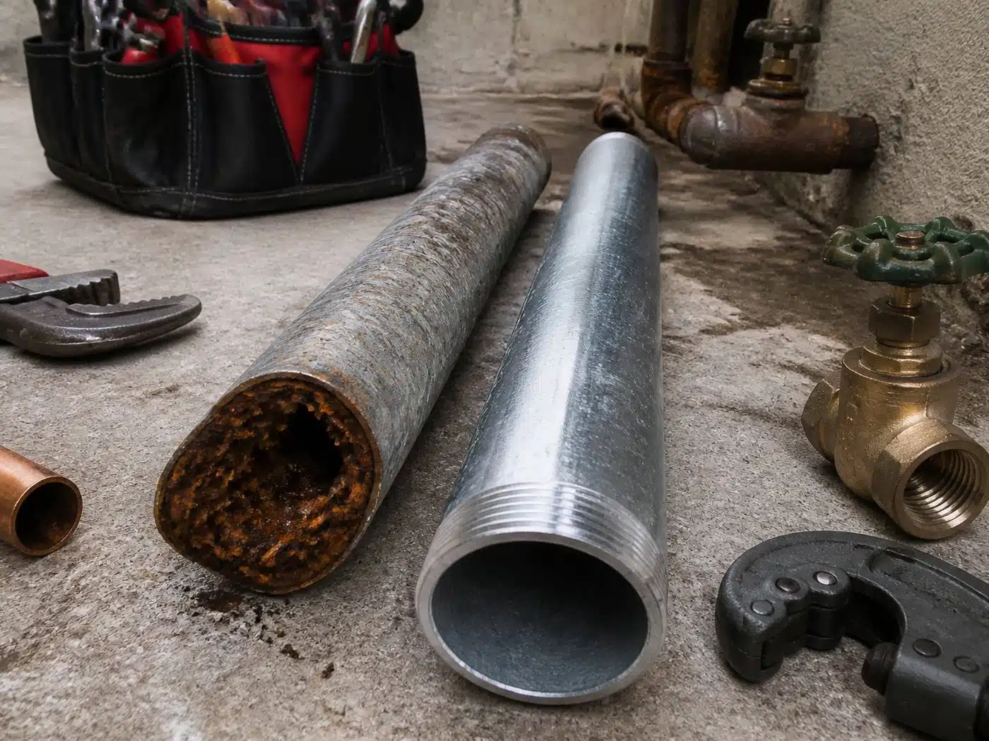 Wider view of the work area, corroded galvanized water pipe cut open beside a new replacement section in Denver