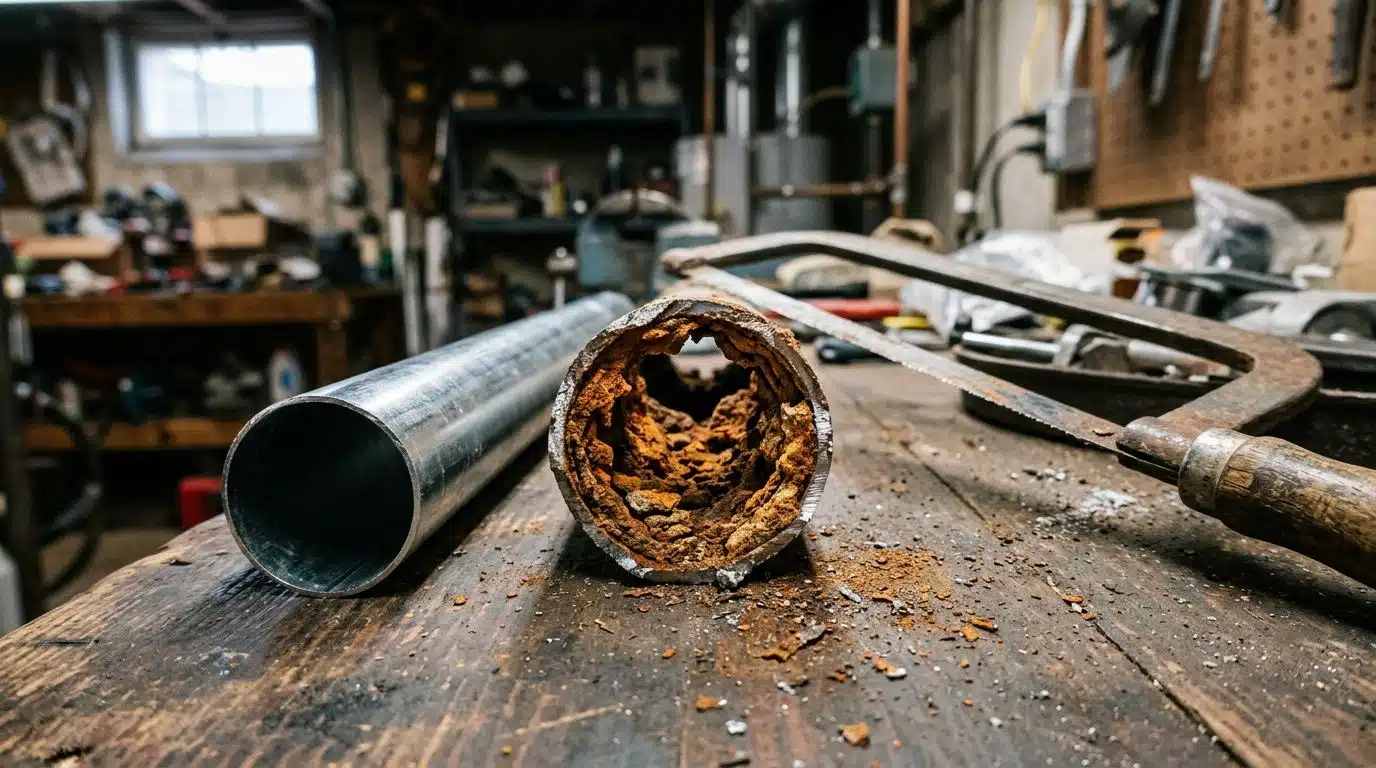 Corroded galvanized water pipe cut open beside a new replacement section in Denver