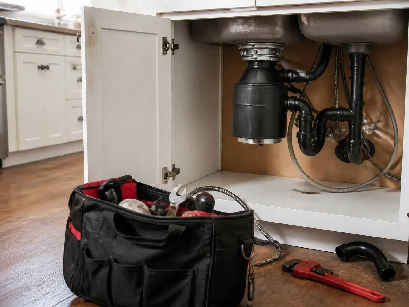 Wider view of the work area, new garbage disposal mounted under a Denver kitchen sink with discharge tube and trap