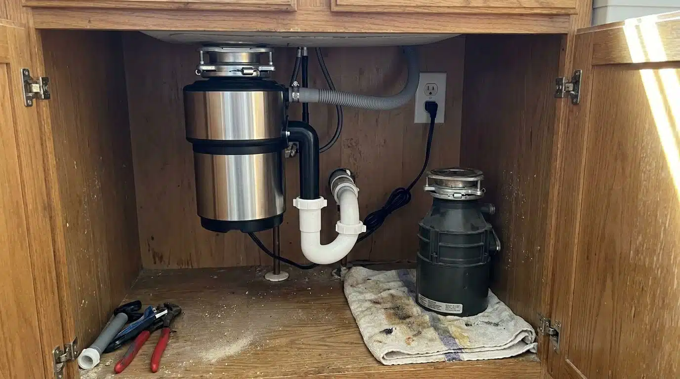 New garbage disposal mounted under a Denver kitchen sink with discharge tube and trap