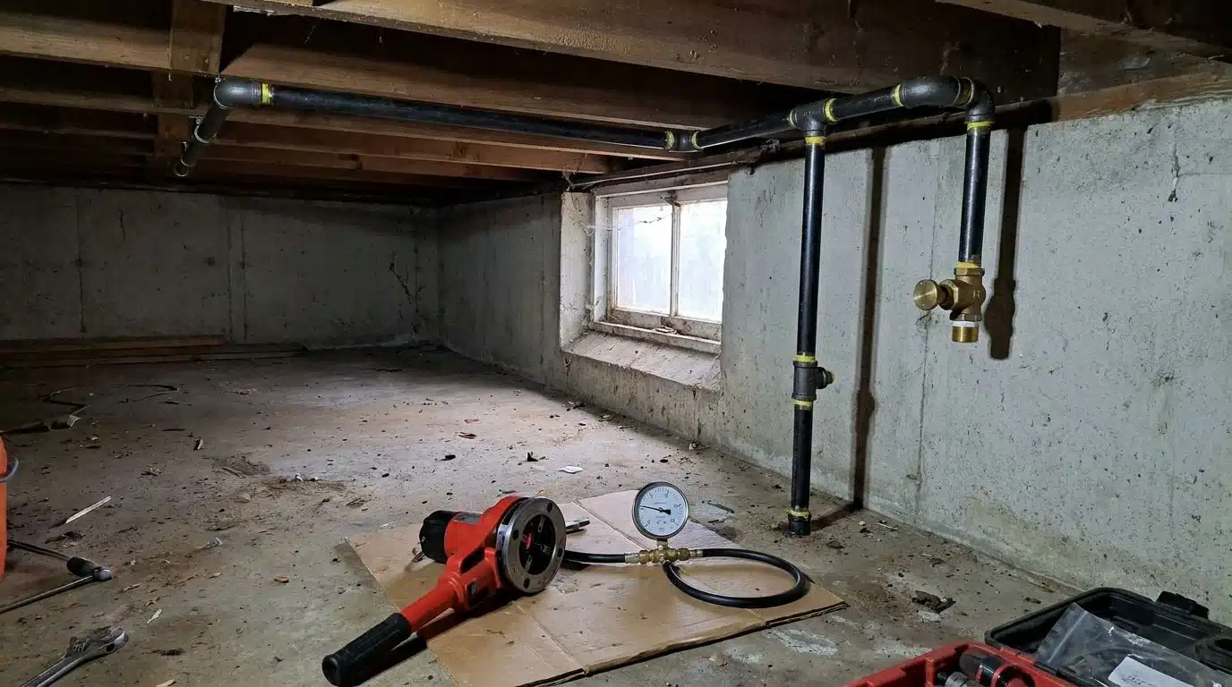 New black iron gas piping with a drip leg and shutoff valve run through a Denver basement