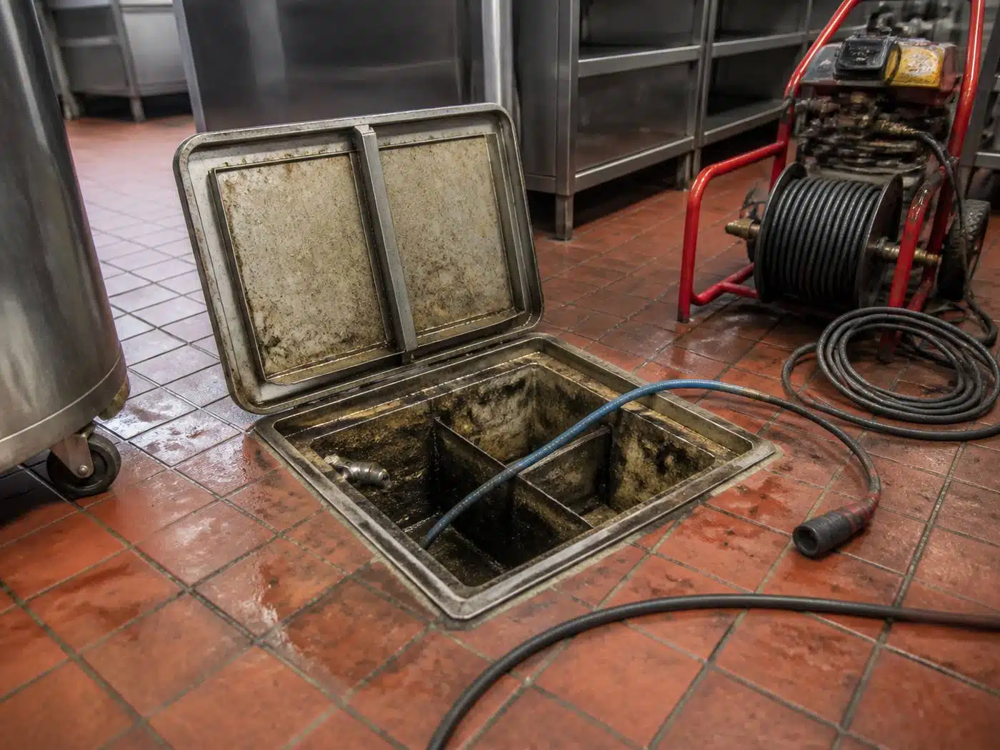 Wider view of the work area, grease trap line service underway in a Denver restaurant kitchen