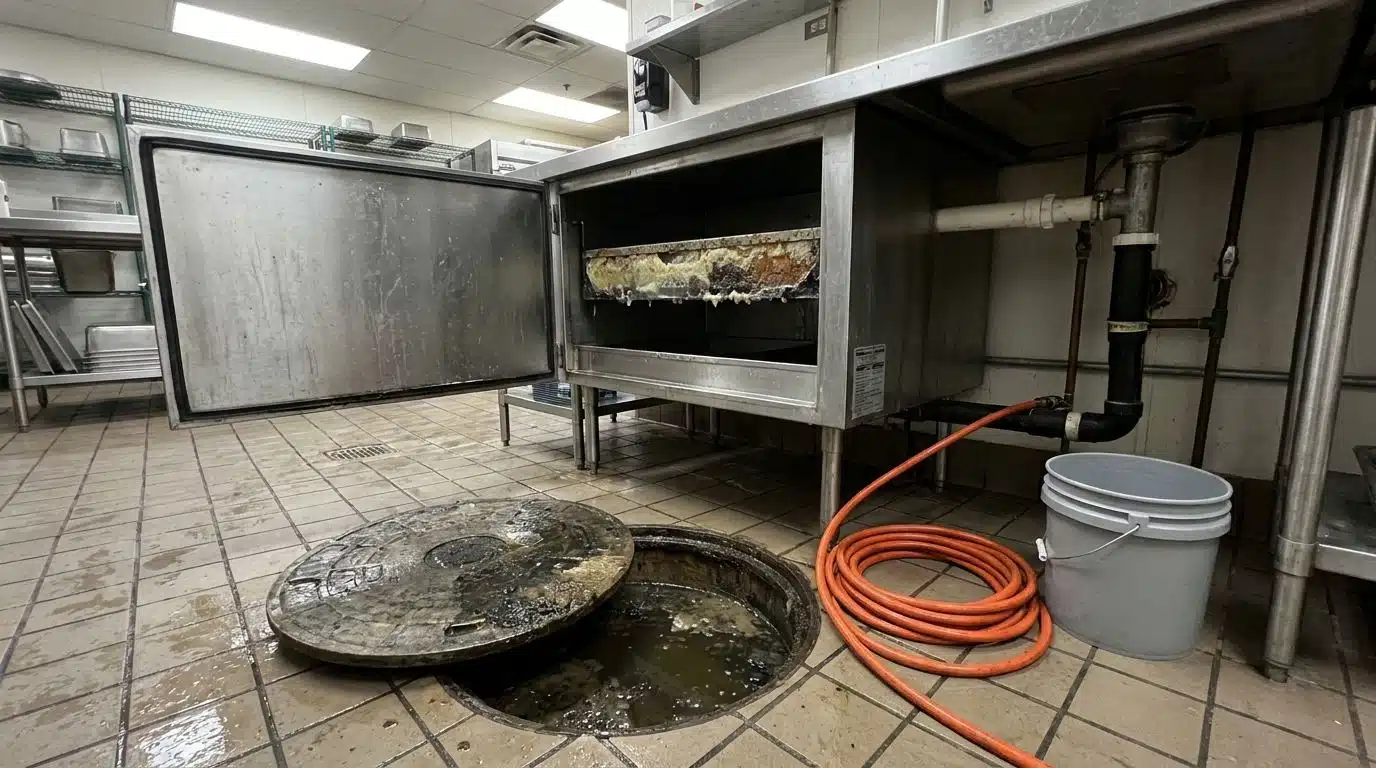 Grease trap line service underway in a Denver restaurant kitchen
