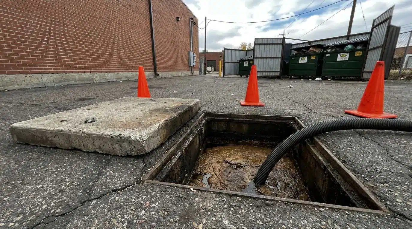 Exterior grease trap pump-out at the rear of a Denver restaurant