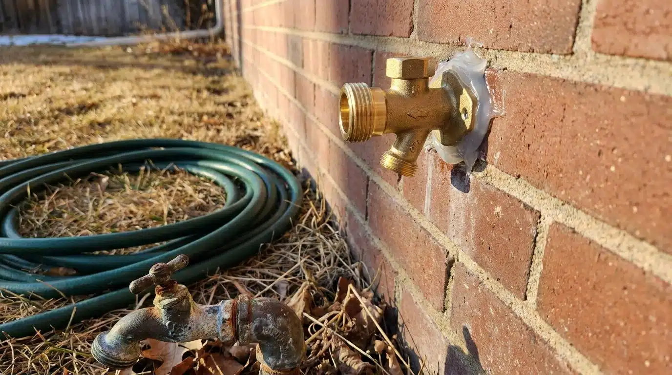 New frost-free hose bib installed through the brick exterior wall of a Denver home