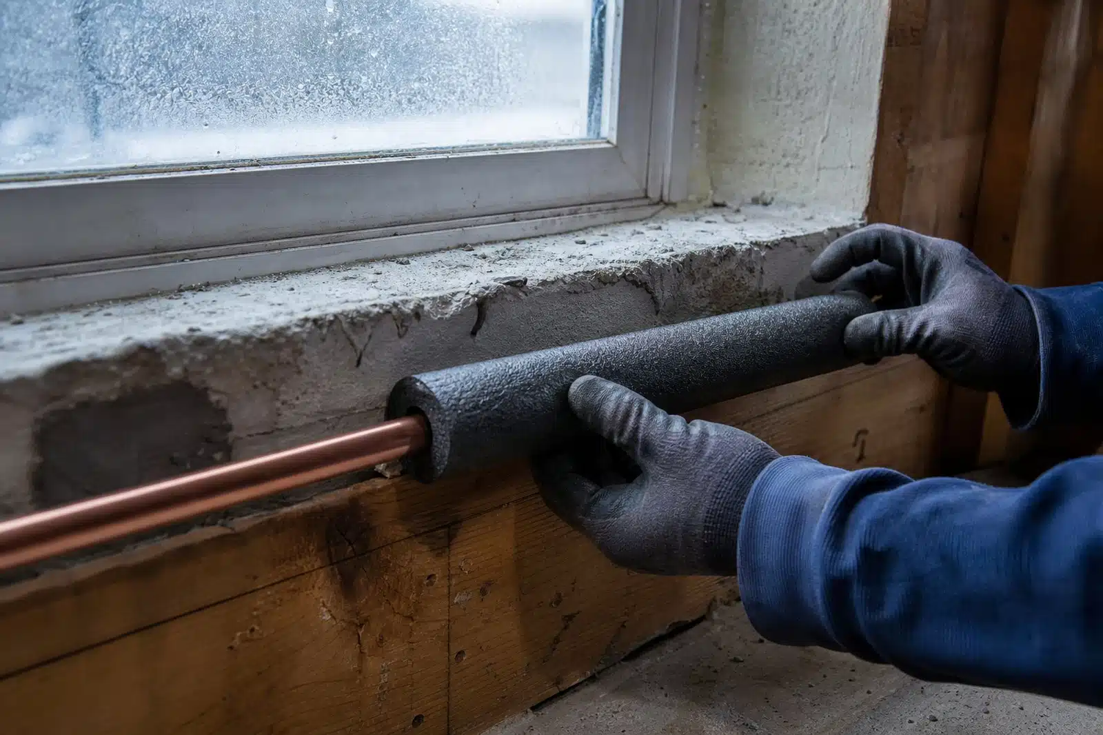 Gloved hands sliding foam insulation over an exposed copper water line along the sill plate of an unheated Denver basement, with frost on the window well glass.